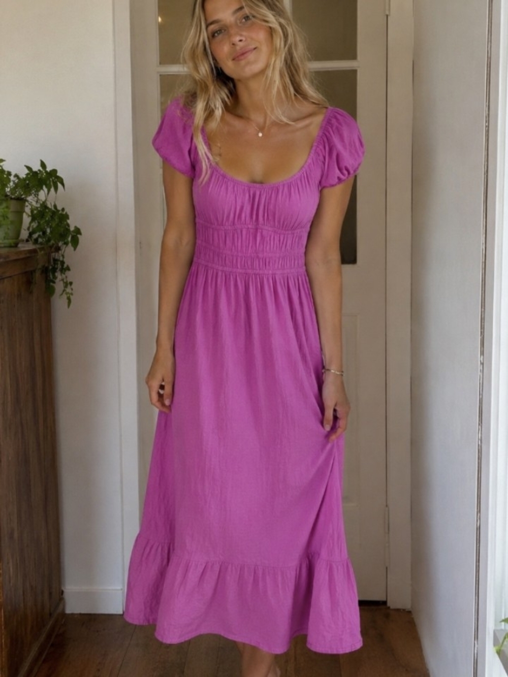 Smocked Scoop Neck Midi Dress in Magenta size Medium